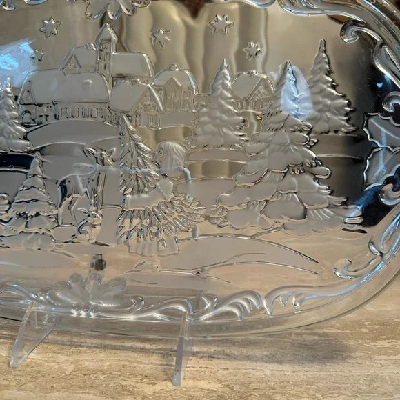 Clear Glass Winter Scene Girl with Christmas Tree and Deer Cookies Platter - Picture 3 of 10